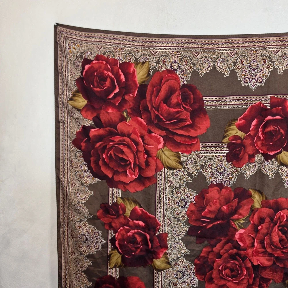 Oscar Scarf Womens 34x34 Brown Red Rose Floral Paisley Romantic Cottagecore